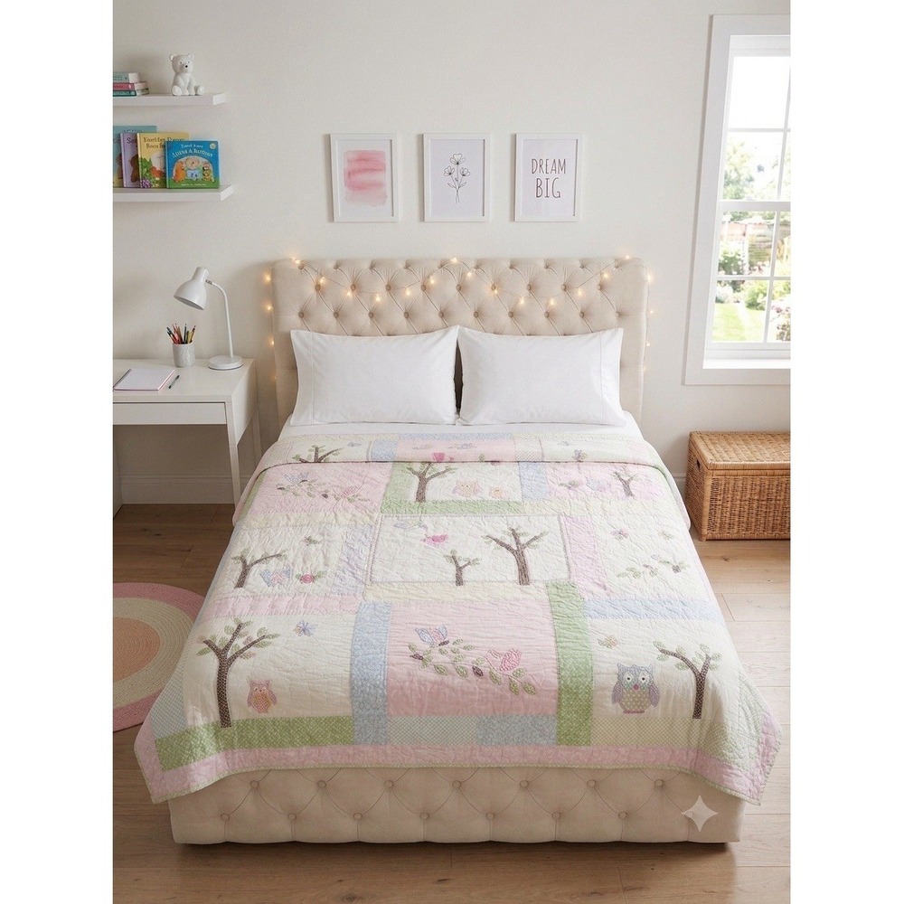 Pottery Barn Kids Hayley Floral Owl Birds FULL Size Quilt Blanket Pink VGUC
